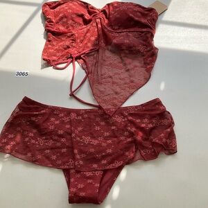 Samiol Red Floral Lace Irregular Hem Tankini Bikini Set Size L